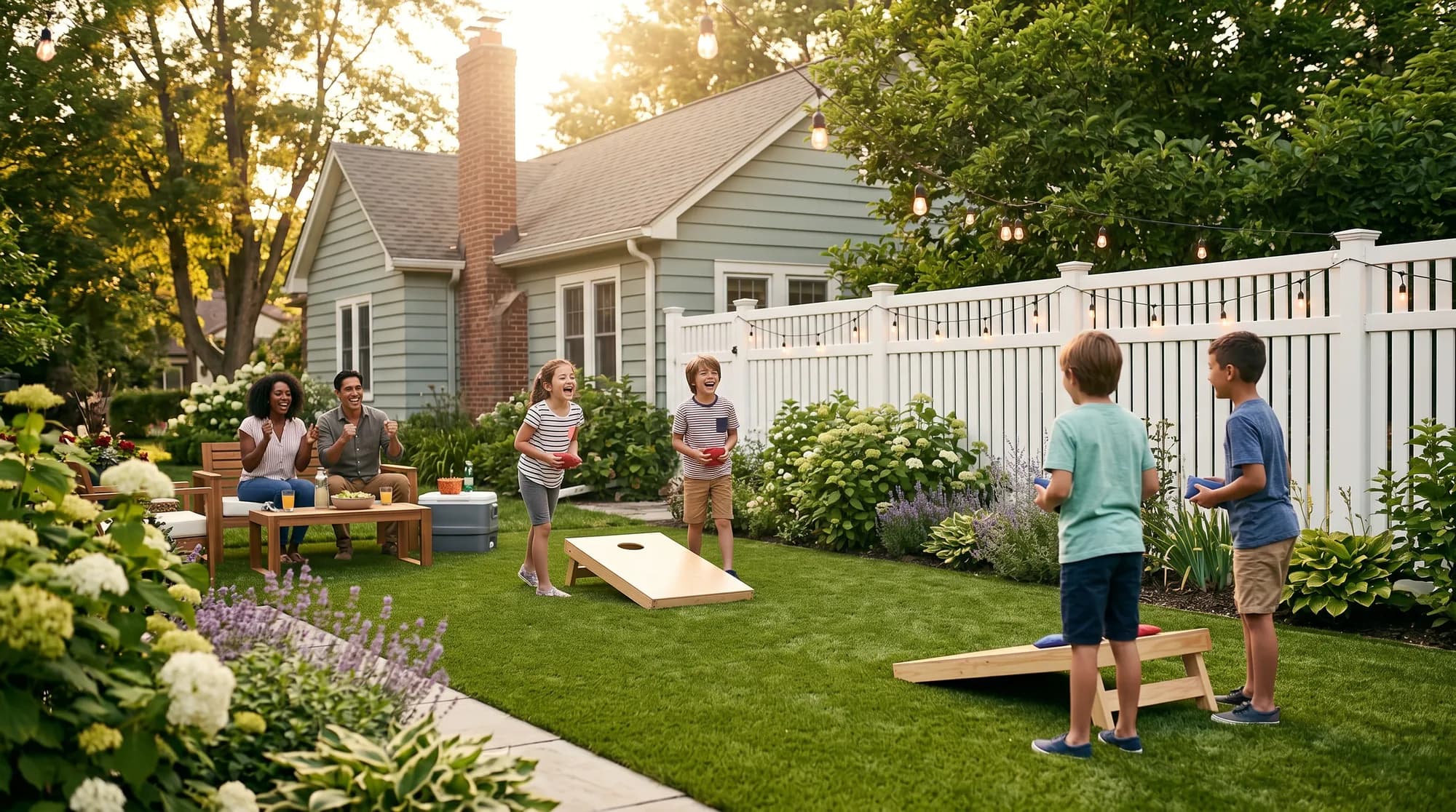 Kids playing cornhole while parents cheer