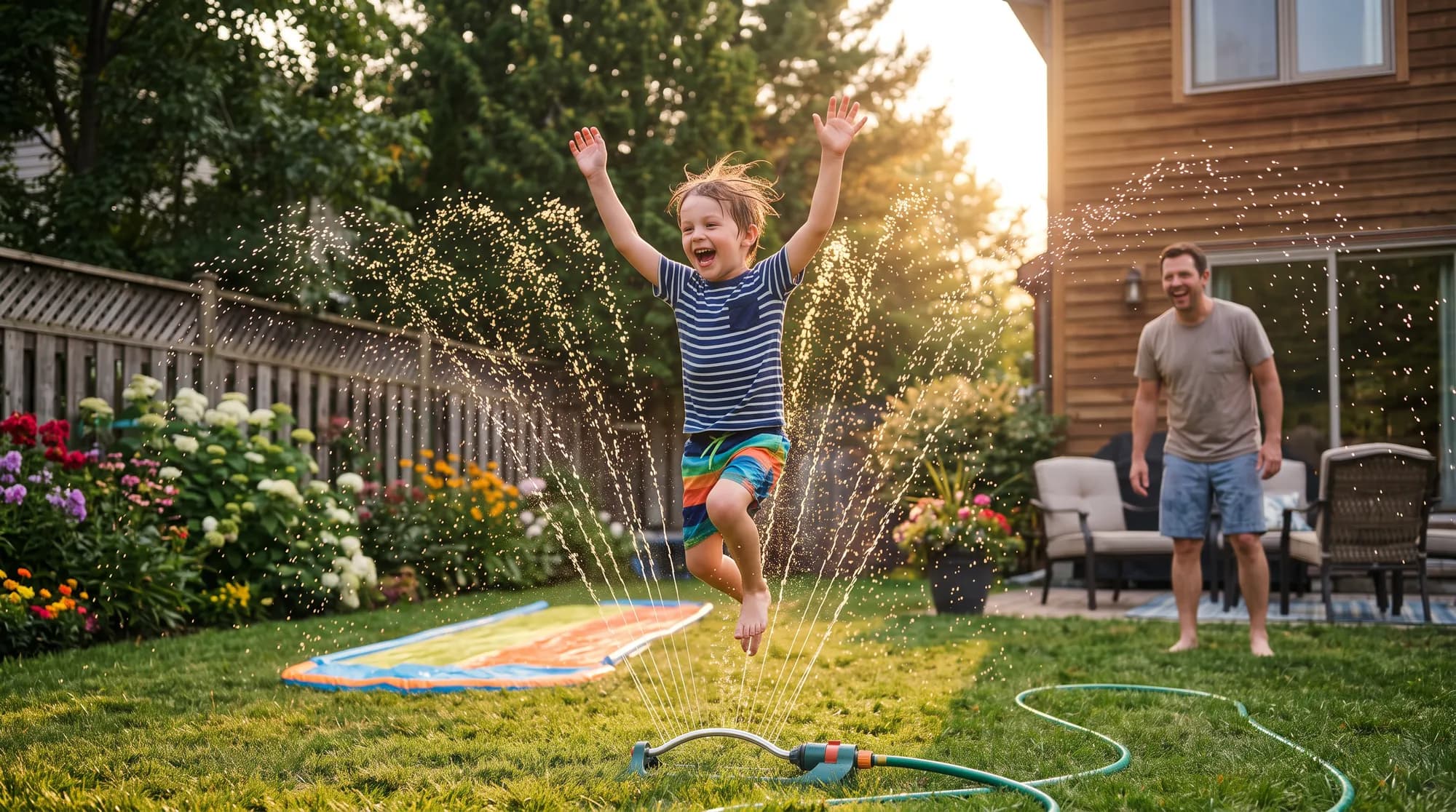 Kids playing in a backyard sprinkler on a sunny day