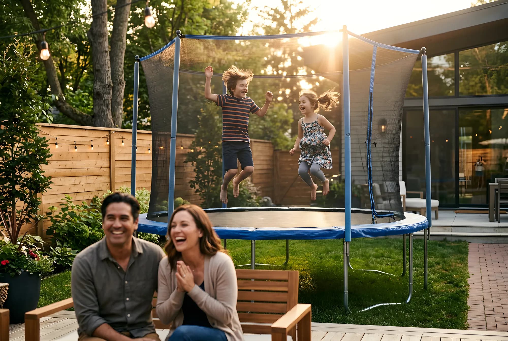 Two kids jumping on a trampoline while their parents watch