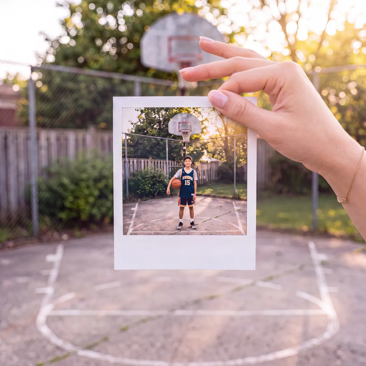 A hand holding a polaroid of a boy with a basketball on a backyard court