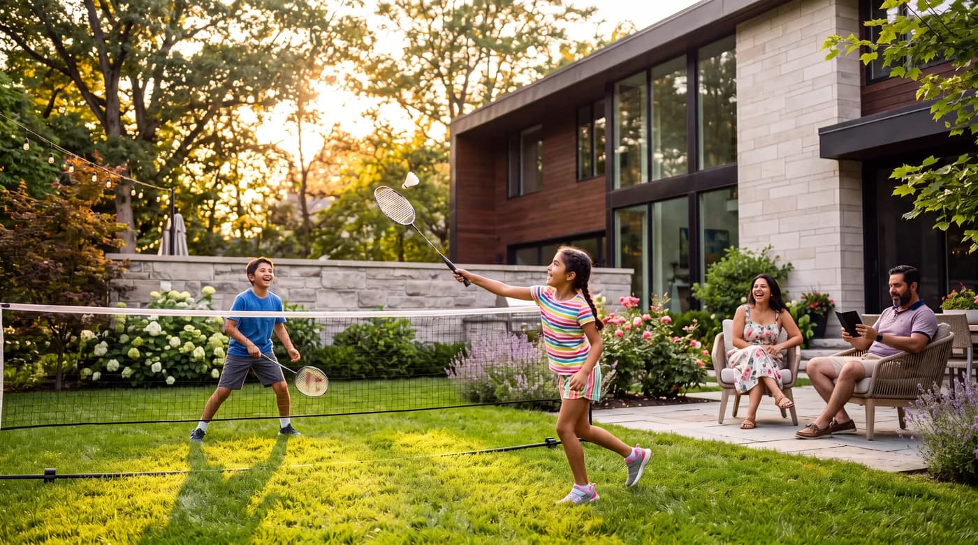 Kids playing badminton on a lawn