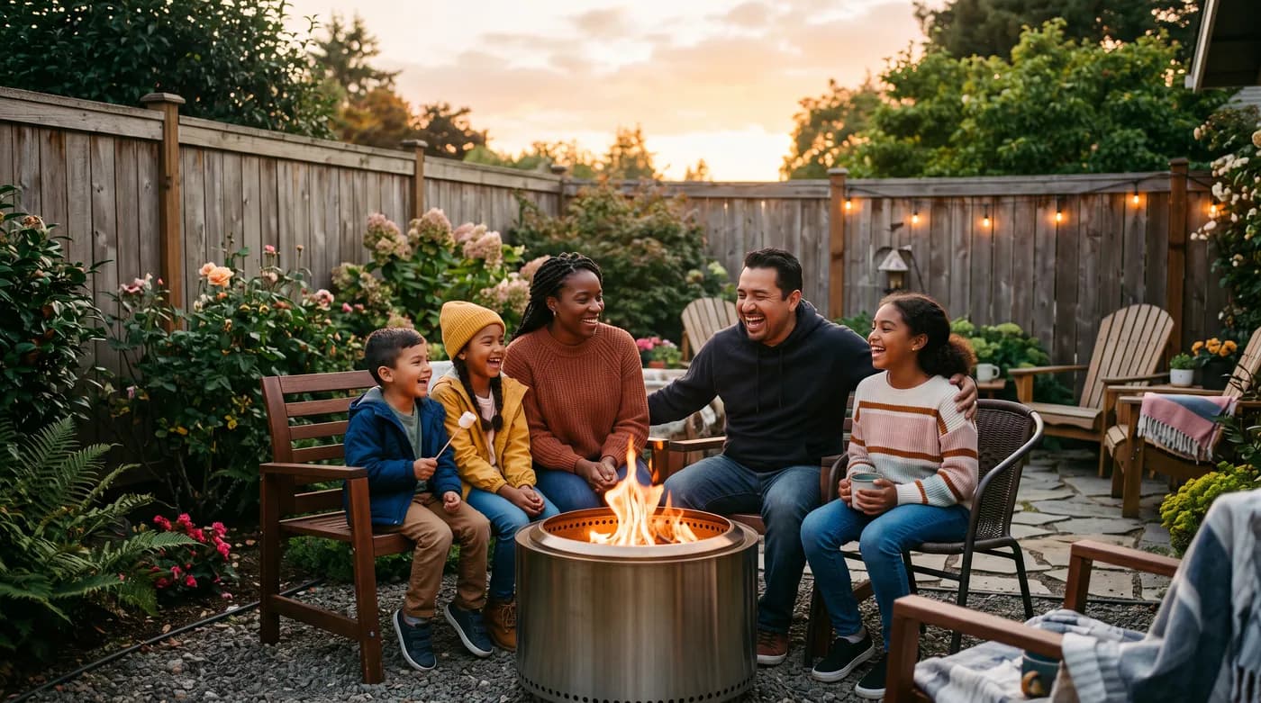 Family gathered around a fire pit