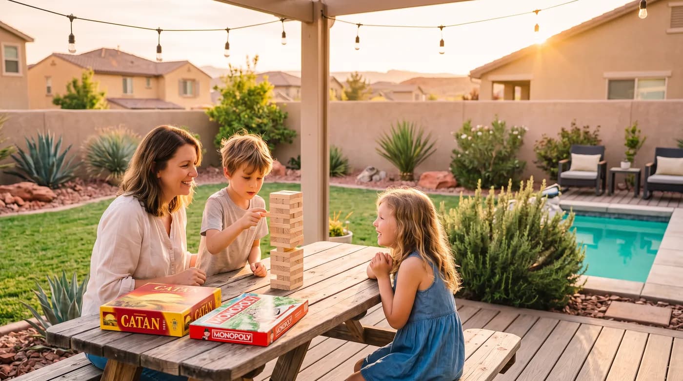 Mom and kids playing Jenga by a pool