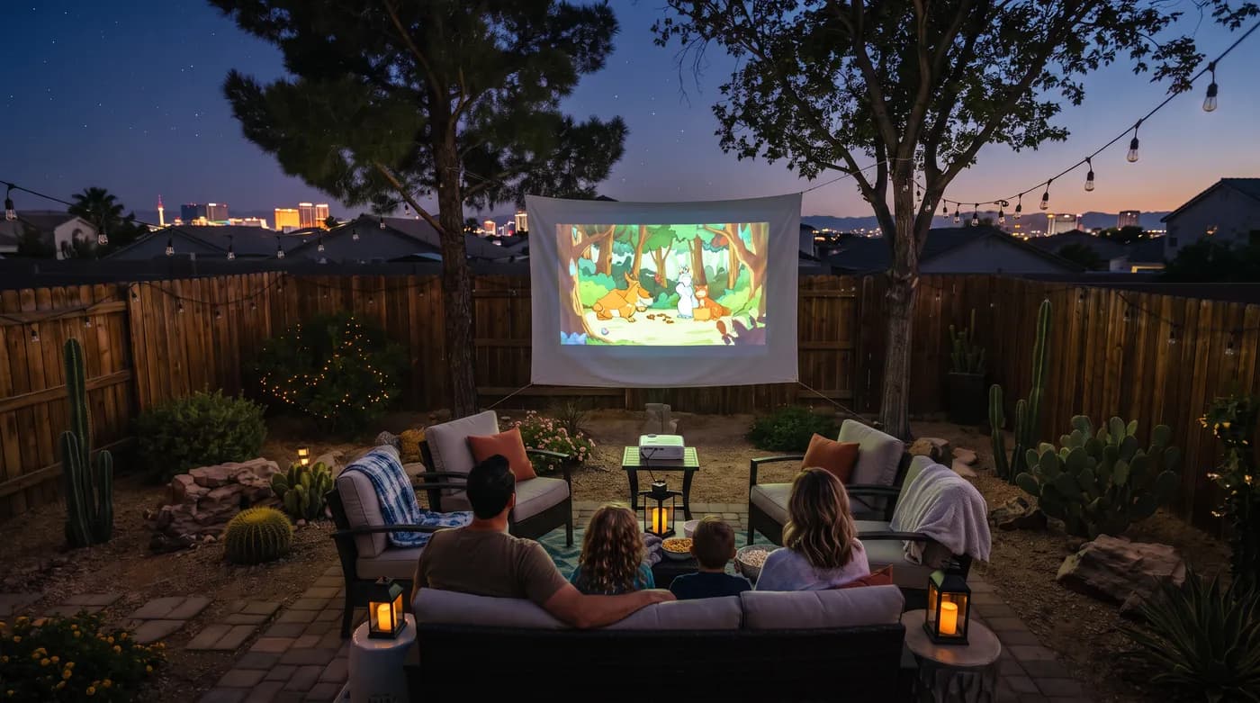 Family watching a movie outdoors at dusk